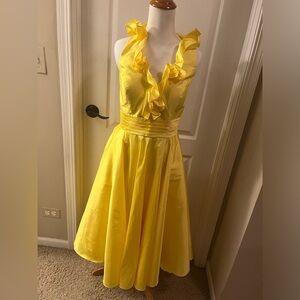 ANGELINA FACCENDA 
 Lemon Zest Yellow A line halter top ruffles dress Size